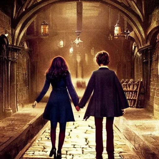 Prompt: harry potter and hermione hand in hand walking in hogwarts yard, elves around, lovely, lightly dark theme, harry potter theme, by monet, trending on artstation