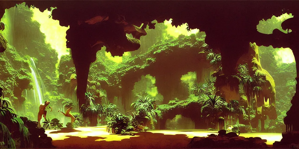 Image similar to a tropical cave that renovate as a luxury interior by syd mead, frank frazetta, ken kelly, simon bisley, richard corben, william - adolphe bouguereau