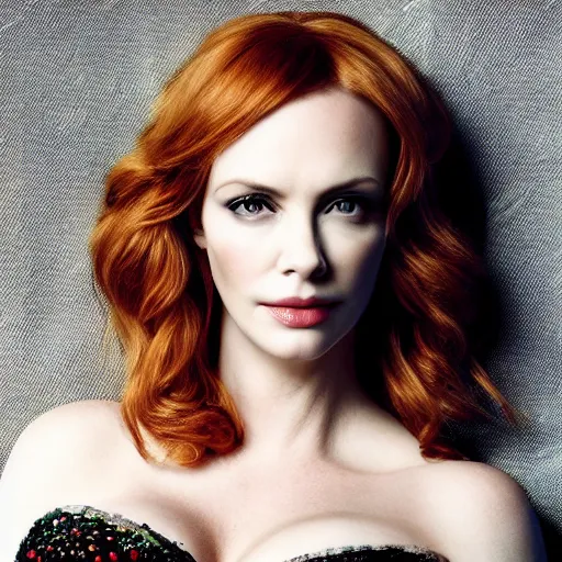 Image similar to portrait of christina hendricks and charlize theron hybrid by mario testino, 3 / 4 view, detailed, award winning, sony a 7 r