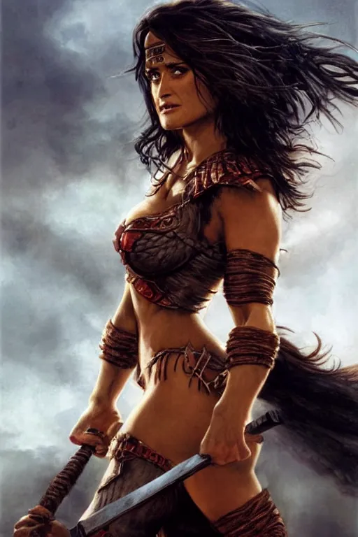 Image similar to portrait, salma hayek as a barbarian warrior, landscape, alex ross, david finch, concept art, matte painting, highly detailed, rule of thirds, dynamic lighting, cinematic, detailed, denoised, centerd