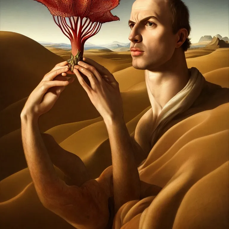 Prompt: carnivorous plant, young white man, in desert, dune, baroque portrait painting, beautiful detailed intricate insanely detailed octane render trending on Artstation, 8K artistic photography, photorealistic, chiaroscuro, Raphael, Caravaggio