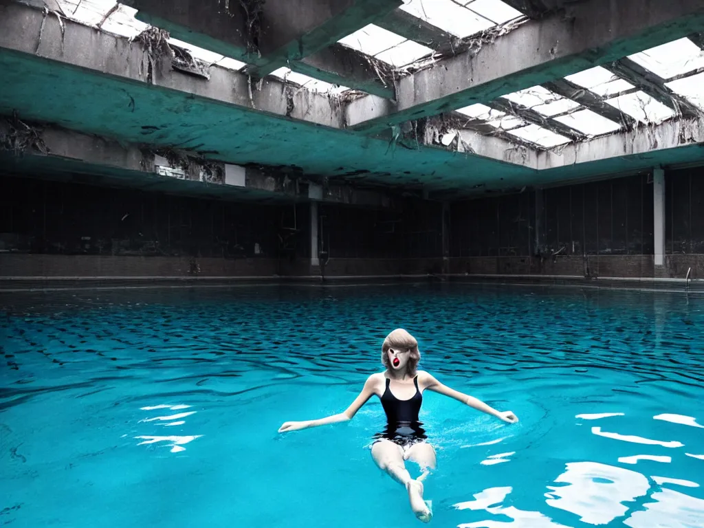 Image similar to taylor swift swimming inside a disgusting abandoned swimming pool liminal space nostalgia grey black mould