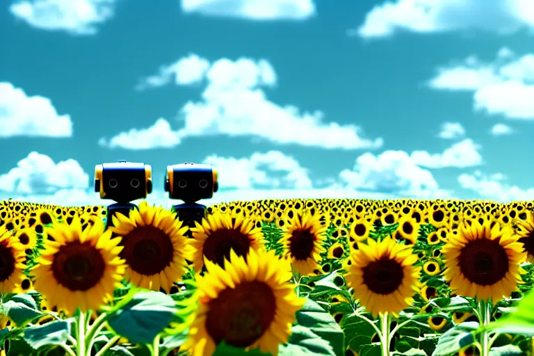 Prompt: a cute little robots at sunflower field. super realistic 8 k render of a elegant, cinematic composition