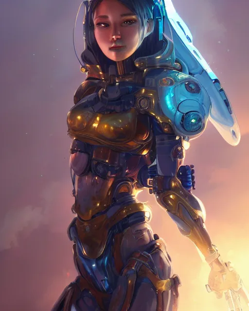 Image similar to holy cyborg girl with golden armor, elegant, scifi, jetpack, alien world, futuristic, utopia, garden, colorful, lee ji - eun, illustration, atmosphere, top lighting, blue eyes, focused, artstation, highly detailed, art by yuhong ding and chengwei pan and serafleur and ina wong