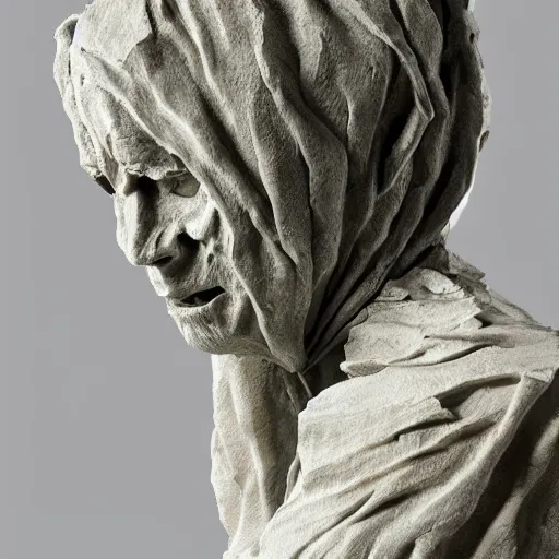 Image similar to dust wrapped creature full of scars and cracks statue sculpted by bernini