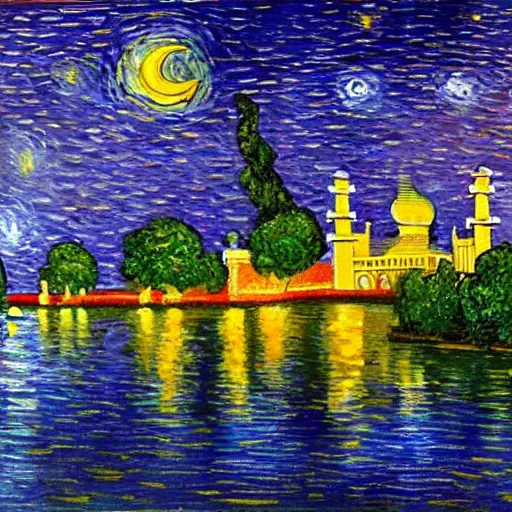 Image similar to painting of tajmahal + van gogh's stary night