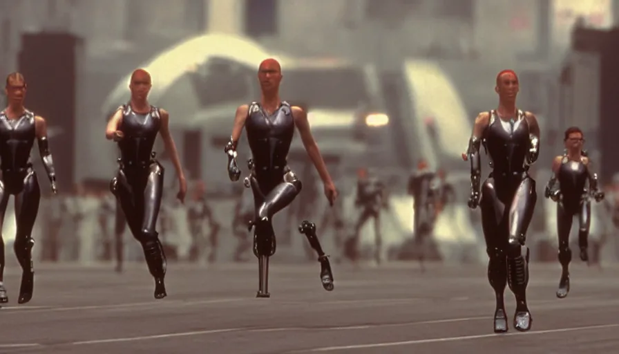 Image similar to The matrix, LeeLoo, Starship Troopers, Clarice Starling, Sprinters in a race with a clear winner, robotic legs, The Olympics footage, intimate shot, cinematic stillframe, shot by Roger Deakins, The fifth element, vintage robotics, formula 1, starring Geena Davis, sports photography, clean lighting