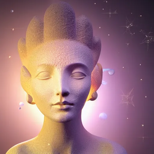 Image similar to sponge sculpture goddess of space, beauty, pretty face, glossy skin, stars, glowing, soft light, hdri, smooth, sharp focus, fantasy, intricate, elegant, highly detailed, 8 k