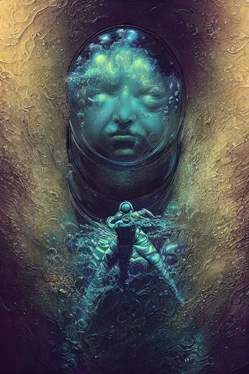 Image similar to close up shot of a full body floating astronaut portrait water elemental fading into water, high contrast, james gurney, peter mohrbacher, mike mignola, black paper, mandelbulb fractal, trending on artstation, exquisite detail perfect, large brush strokes, bold colors, intricate ink illustration, black background