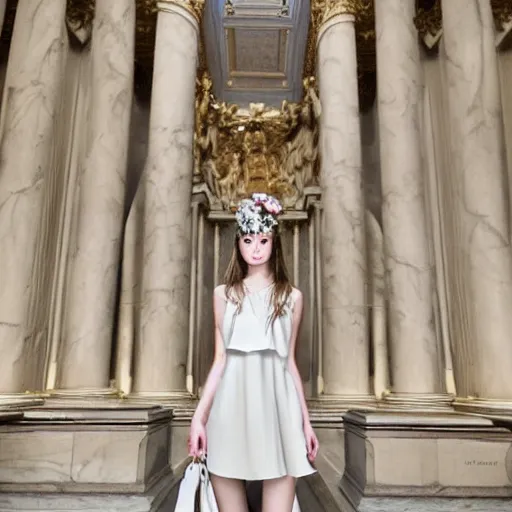 Prompt: Young lady full length shot wearing valentino resort simple sleeveless dress pale grey and white flowers in the style of baroque realism standing inside lourve, 8K, background renaissance paintings with gold