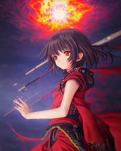 Image similar to megumin!! casts nuclear explosion, an ultrafine detailed painting by ayami kojima, cgsociety, fantasy, anime digital art, lovecraftian, cosmic horror, detailed painting