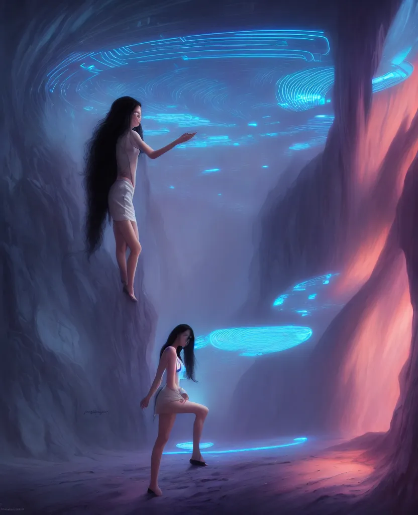 Prompt: beauty young isreali woman with long black hair, analysinga holographicdisplay of an alien landscape, electrical case display, Transformers tech, ultrarealistic, dramatic lighting, electrical details, high details, 4k, 8k, best, accurate, trending on artstation, artstation, photorealism, ultrarealistic, digital painting, style of Peter Mohrbacher, Caravaggio, Hajime Sorayama and Boris Vallejo