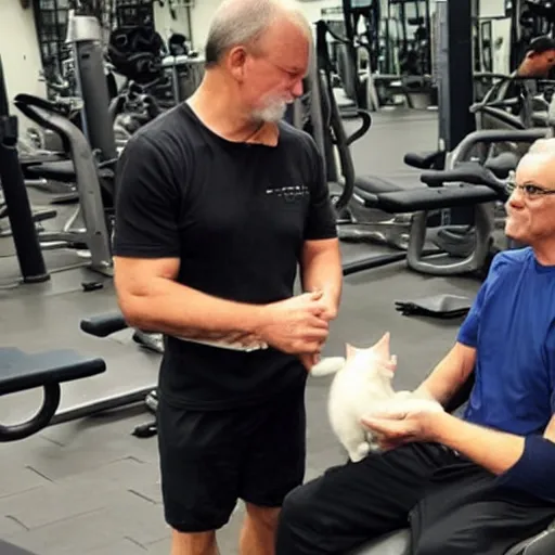 Prompt: cat trainer helps man in the gym