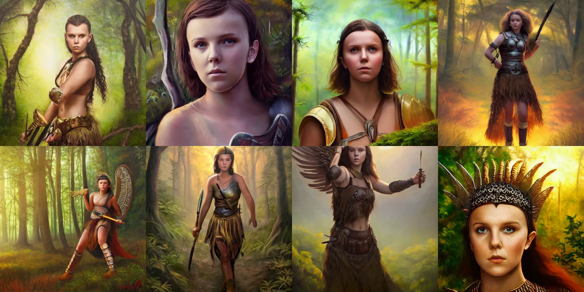 Prompt: beautiful young female warrior, bobby millie brown, mythical valkyrie, in a lush forrest, sunrise, realistic oil painting on canvas, trending on artstation,