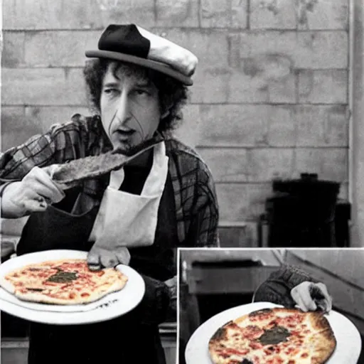 Image similar to bob dylan wearing a chef hat, flipping a pizza in the air