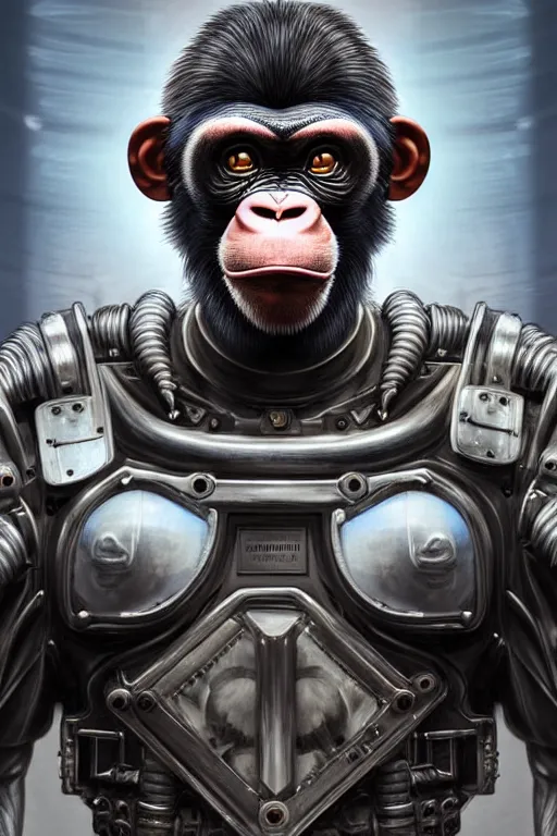 Image similar to a portrait of a muscular anthropomorphic cyberpunk chimp in spacesuit armor with ensignia on chest plate by sandra chevrier, by jon foster, detailed render, post - processing, extremely hyperdetailed, intricate, epic composition, cybernetics, 4 k realistic, cryengine, realistic shaded lighting, sharp focus, masterpiece, by enki bilal