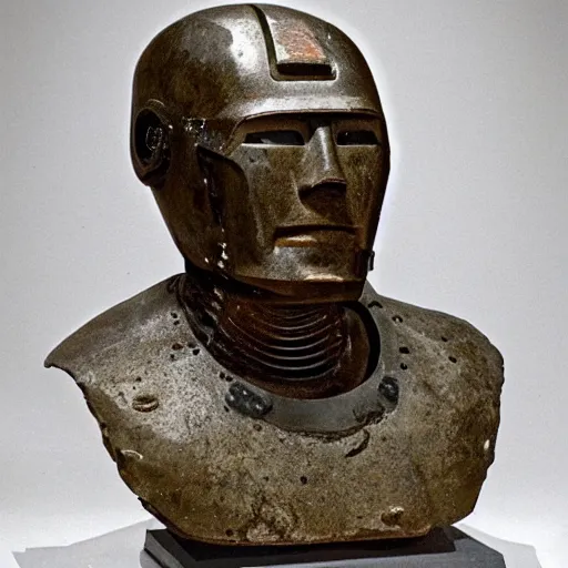 Image similar to an extremely ancient ironman bust that is tarnished and covered in sediment from uncovered earth expedition, rare photograph, smithsonian,