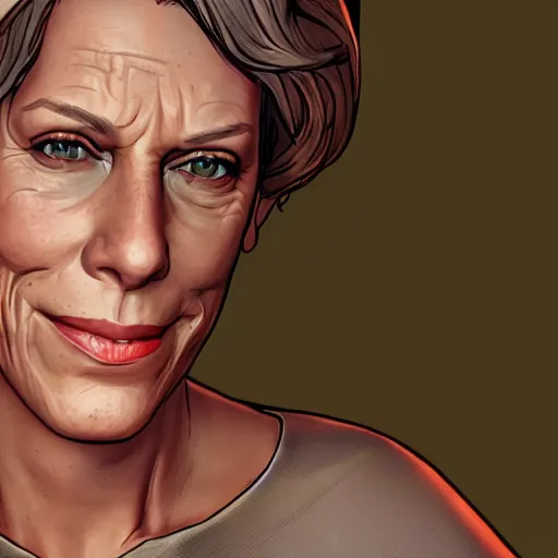 Prompt: jamie lee curtis portrait, borderlands, tales from the borderlands, the wolf among us, comic, cinematic lighting, studio quality, 8 k