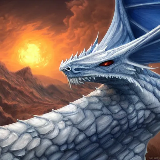 Image similar to a Blue eyed white dragon, epic background by Keith Thompson and Christopher Bretz, highly detailed, digital painting, HDRI, vivid colors, high contrast, 8k resolution, intricate, photorealistic, smooth