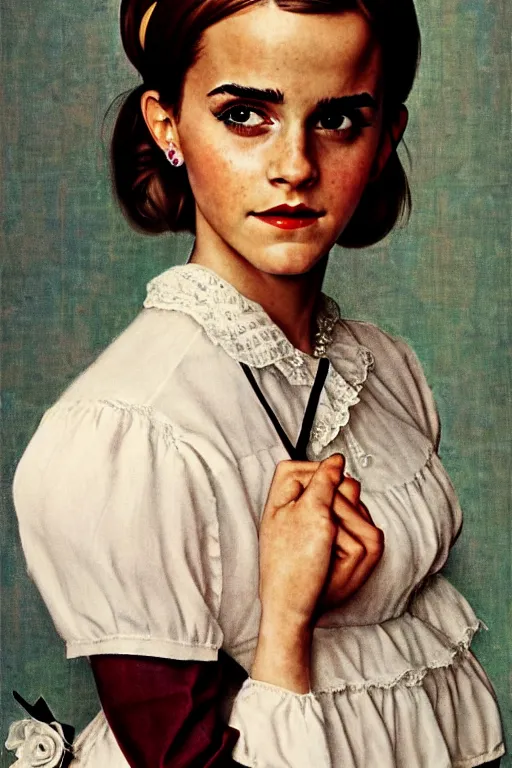 Prompt: photo photorealistic portrait photograph Emma Watson as maid 1970s portrait by Norman Rockwell