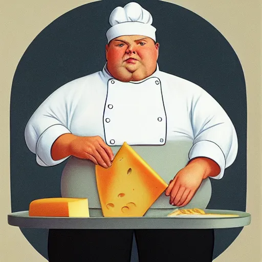 Prompt: a very fat chef offers you cheese by Raphael, Hopper, and Rene Magritte. detailed, romantic, enchanting, trending on artstation.