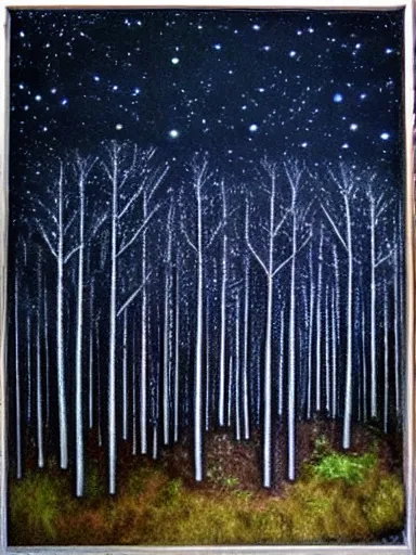 Prompt: wrought silver forest under a moonlit star filled sky filled with fireflies