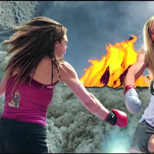 Prompt: highly detailed, avril lavigne punching kamala harris in a volcano, 4 k