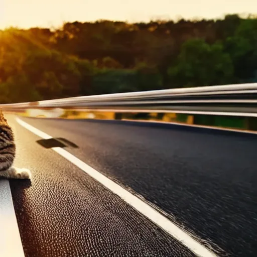 Image similar to convertible with cat driving on road, clear sky, golden hour, unobstructed road