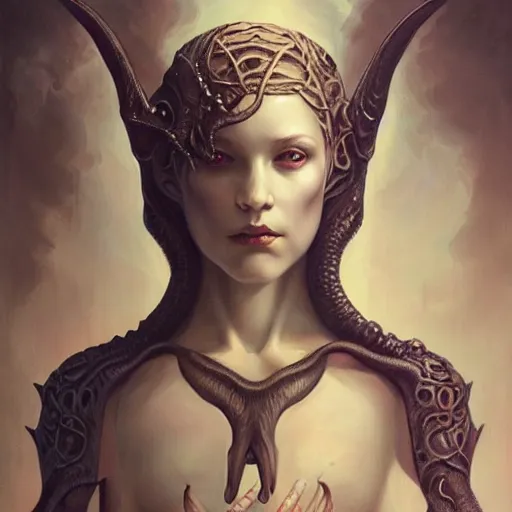 Prompt: by Tom Bagshaw, ultra realist soft painting of lovecraft universe of curiosities, single female Cthulhu mutation in ornated gothic armor, partial symmetry accurate features, very intricate details, focus, curvy, award winning, ultra dense fog