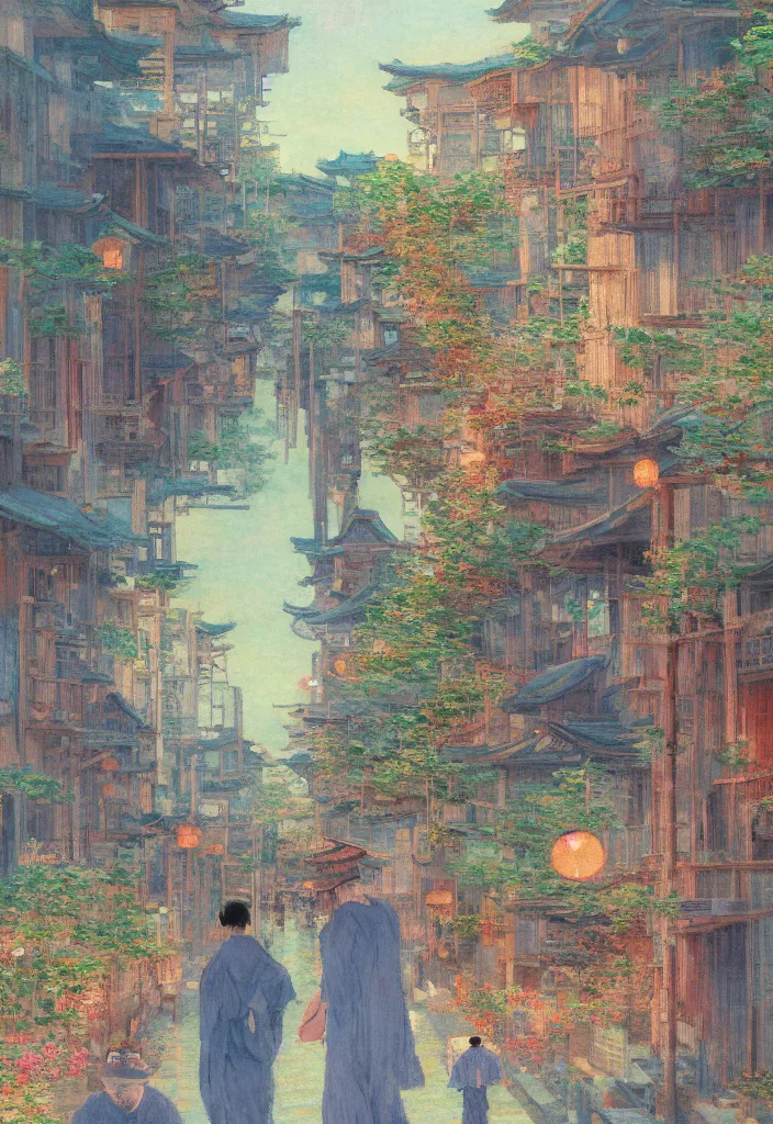 Image similar to a beautiful japanese city near the sea, amazing ryokans and gorgeous edo era houses, cyberpunk, lofi vibe, colorful, vivide colors, oil painting in impressionist style, by jeremy lipkin, by claude monet, by makoto shinkai, multiple brush strokes, inspired by ghibli, masterpiece, beautiful