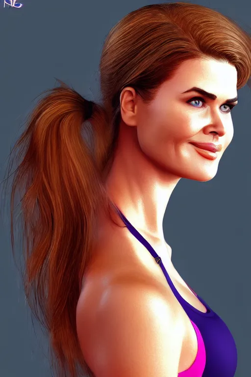 Image similar to mix of beautiful young maria shriver, mariel hemmingway, brooke shields, nicole kidman and elle macpherson as a zumba instructor, thin lips, hair tied up in a pony tail, dark blonde hair, colorful, artstation, cgsociety