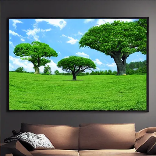 Image similar to three white whales flying near giant tree in the green field, realistic, HD,