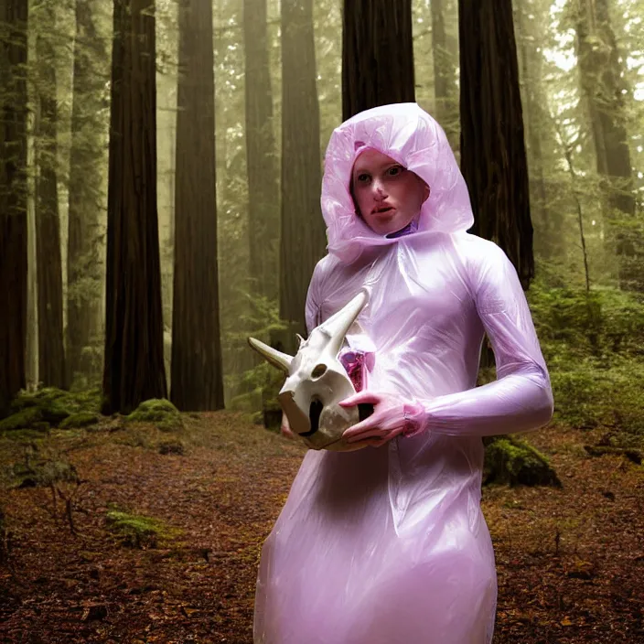 Prompt: a color photograph, closeup portrait of a woman wrapped in plastic, holding a unicorn skull, in a foggy redwood forest, color photograph, by vincent desiderio, canon eos c 3 0 0, ƒ 1. 8, 3 5 mm, 8 k, medium - format print