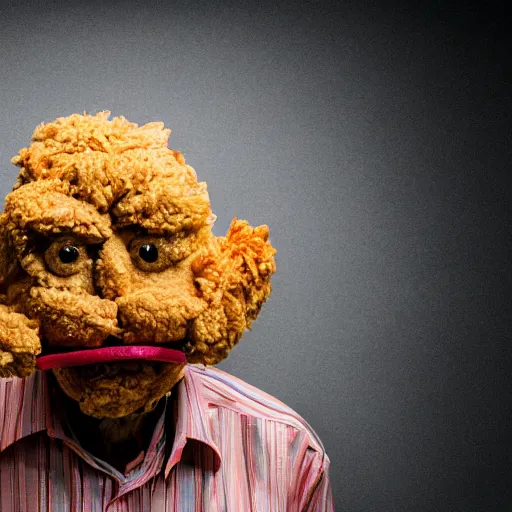 Image similar to an elderly man wearing a mask made from fried chicken, bold natural colors, national geographic photography, masterpiece, 8 k, raw, unedited, symmetrical balance