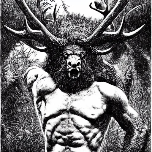 Prompt: hairy barbarian with moose head by wayne barlowe and joseph clement coll