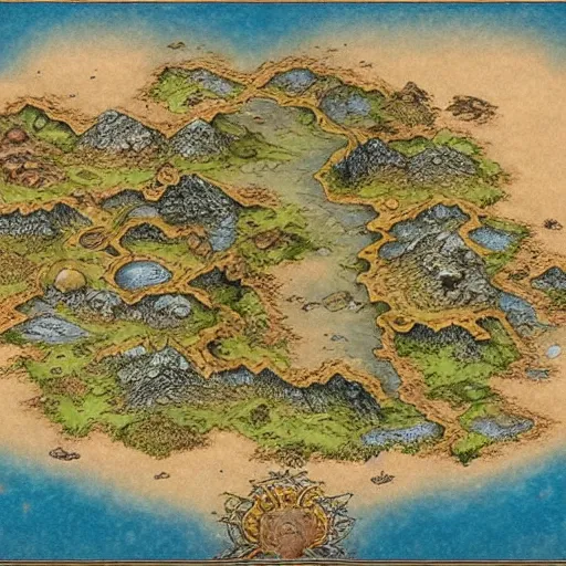 Image similar to an isometric fantasy map, the land of Odrua, uncluttered, bordered by ocean, continent with mountains lakes hills and cities, by brian froud by jrr tolkien in the dungeons and dragons and disney styles