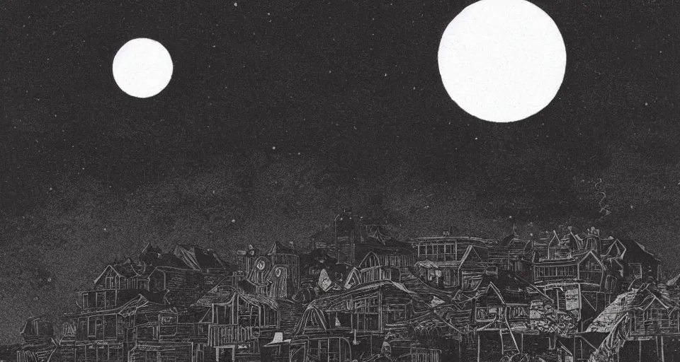 Image similar to seaside village, night, moon in sky encircled by clouds, heavy ink!!!!!!!, dark!!!, black!!! mike mignola