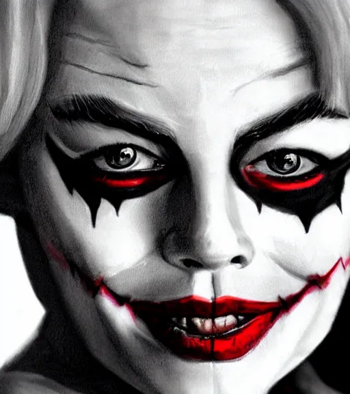 Prompt: a realism drawing of margot robbie as harley quinn portrait with joker makeup, in the style of den yakovlev, realistic face, black and white, realism, hyper realistic, highly detailed