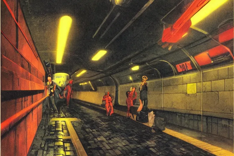 Image similar to 1979 OMNI Magazine Cover focused on a ladder to a dark subway tunnel. In the background are far off views of neo-Tokyo outskirts in cyberpunk style by Vincent Di Fate