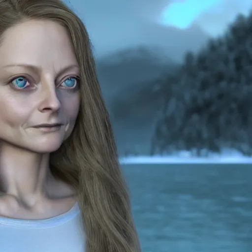 Prompt: a very beautiful young jodie foster, full body, long braided curly silver hair, sky blue eyes, full round face, short smile, casual clothes, ice snowy lake setting, cinematic lightning, medium shot, mid-shot, highly detailed, trending on Artstation, Unreal Engine 4k, cinematic wallpaper by Stanley Artgerm Lau, WLOP, Rossdraws, James Jean, Andrei Riabovitchev, Marc Simonetti, and Sakimichan
