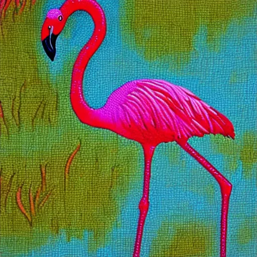 Image similar to a flamingo standing by a lazy stream contemplating silence, pointilism, deep color, masterpiece