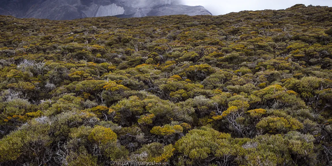 Image similar to Patagonian temperate forests. Magellanic, mountainous area. Rare flora, Nothofagus, twisted and bent trees. windy environment, shrubs, rocky and poorly drained. Succulent species, crowberries carpeting the ground. Overcast, cloudy. September 12th. Patagonian Chile and Argentina. Trending on Artstation, deviantart, worth1000. By Greg Rutkowski. National Geographic and iNaturalist HD photographs