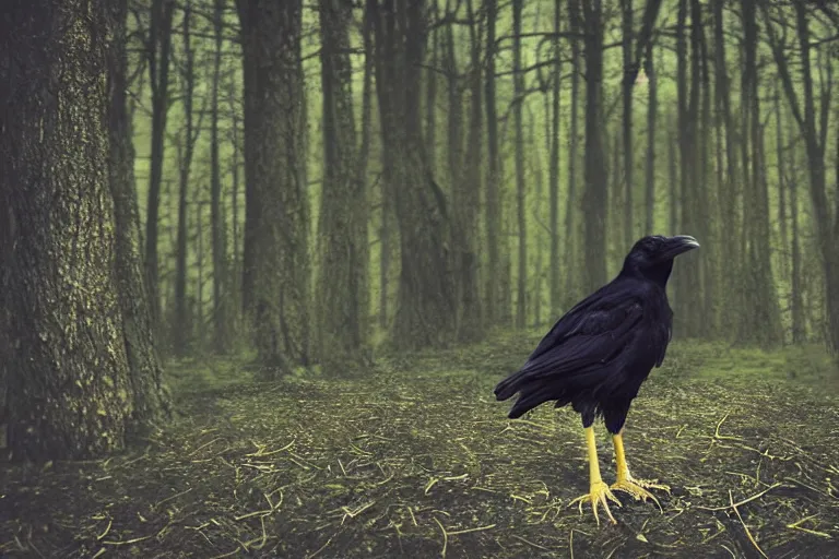 Prompt: !!!!!! human mixed with a crow, photograph captured in a dark forest