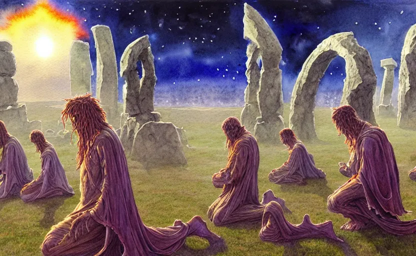 Image similar to a hyperrealist watercolour character concept art portrait of a group of druids kneeling down in prayer to a tall elegant lovecraftian alien on a misty night in stone henge. a battlecruiser starship is in the background. by rebecca guay, michael kaluta, charles vess and jean moebius giraud