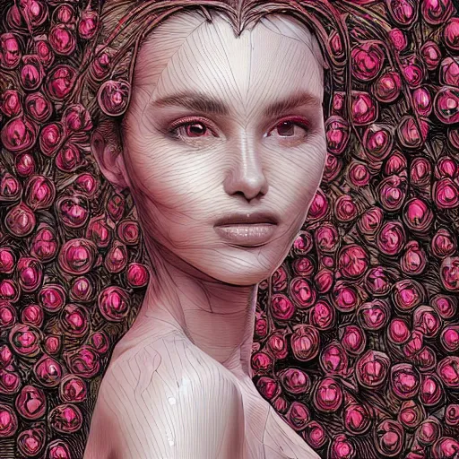 Prompt: the portrait of an incredibly beautiful woman made of onions and cherries, an ultrafine detailed illustration by james jean, final fantasy, intricate linework, bright colors, behance contest winner, vanitas, angular, altermodern, unreal engine 5 highly rendered, global illumination, radiant light, detailed and intricate environment