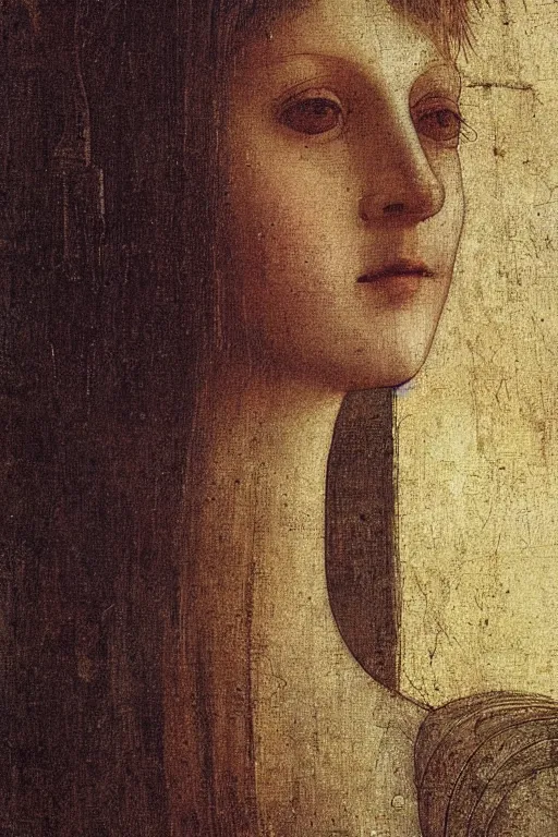 Image similar to a close - up portrait of a cyberpunk cyborg girl, by leonardo davinci, rule of thirds