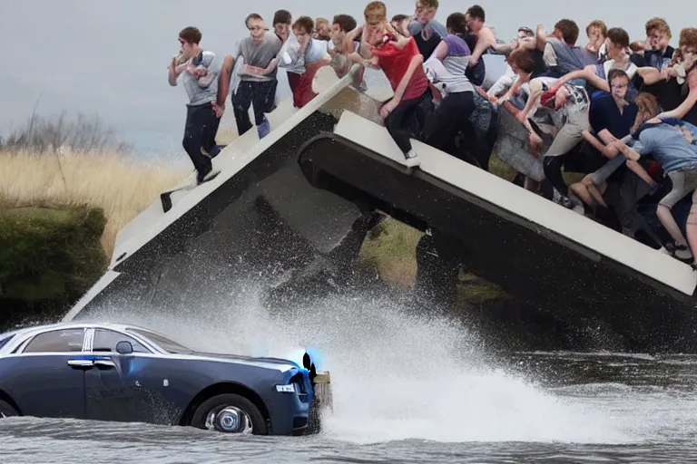 Image similar to Group of teenagers push Rolls-Royce into lake from small slide