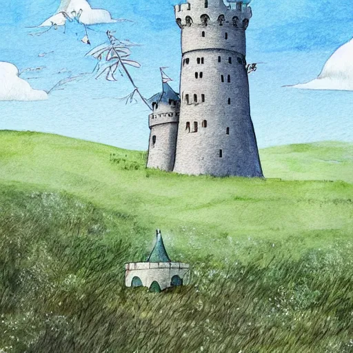 Prompt: laputa castle in the sky robot hayao miyazaki stands in a small clearing among trees, sun, grass, watercolor illustration for a book