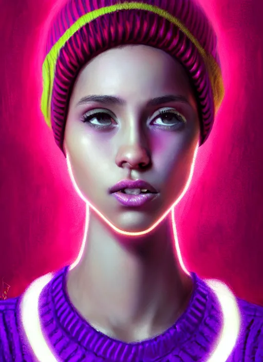 Image similar to portrait of teenage vanessa morgan with bright pink hair, curly pixie cut hair, wearing a purple breton cap, breton cap, hoop earrings, intricate, elegant, glowing lights, highly detailed, digital painting, artstation, concept art, smooth, sharp focus, illustration, art by wlop, mars ravelo and greg rutkowski