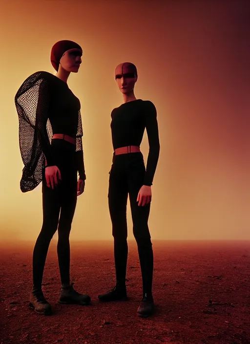 Image similar to cinestill 5 0 d photographic portrait by steve mccurry of two lesbian female androids wearing rugged black mesh techwear on a desolate plain with a red sky, extreme closeup, cyberpunk style, dust storm, 8 k, hd, high resolution, 3 5 mm, f / 3 2, ultra realistic faces, ex machina, blade runner